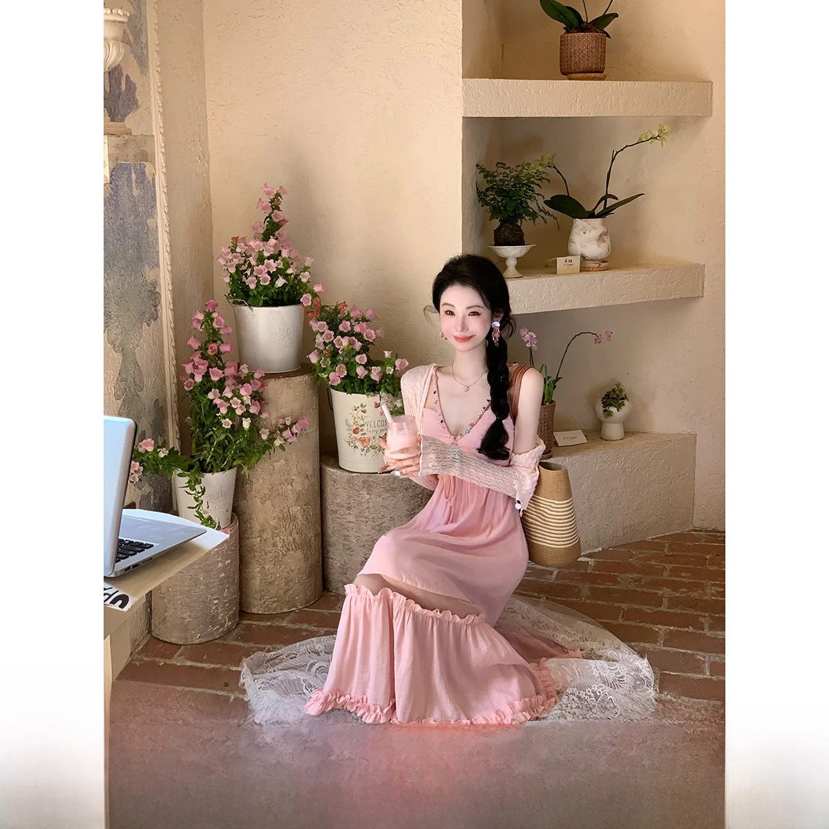 

Sy Pink Knitted Fringed Stberry Milk Cr Outerwear Cardigan Sweet Sle Straight Cut Long Sve V-Ne ort Length