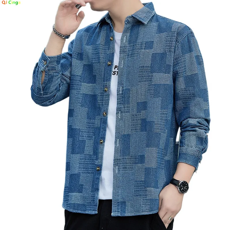 

2026 Мужская синяя джинсовая рубашка с длинным рукавом, черные однобортные рубашки в клетку с лацканами, модный повседневный свободный топ