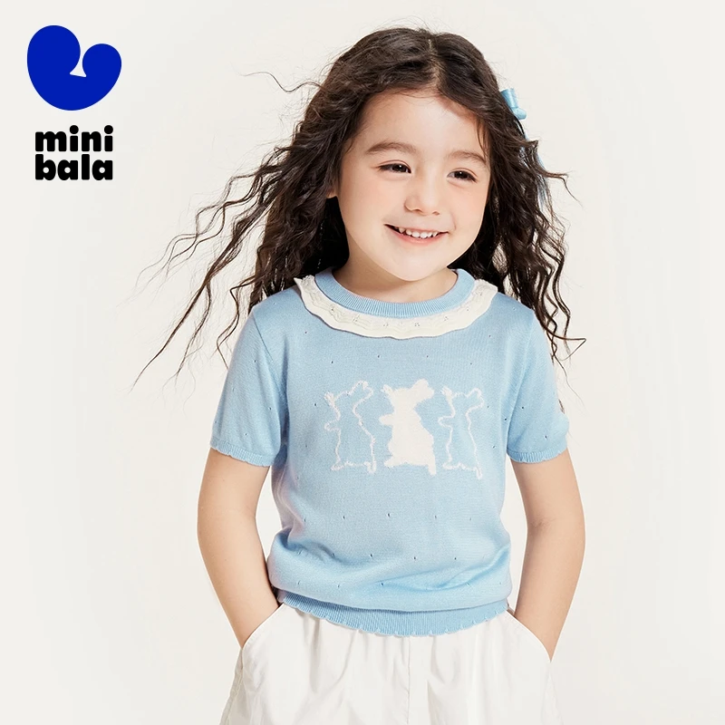 

Mini Bala T-Shirt Girls 2024 Summer New Gentle Pleated Edge Knitted T-Shirt for Mother and Daughter Children Wear