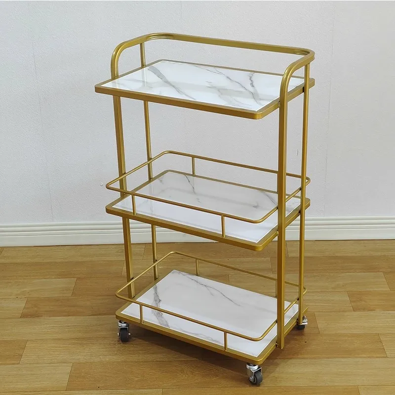 Modern White Gold Nail Salon Equipment 3 Tier Small Spa Trolley Tool Cart Luxury Portable Salon Trolley With 4 Wheels
