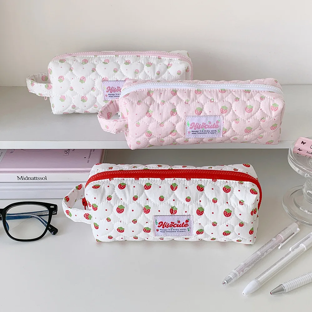 Cartoon Strawberry Quilted Padded Pencil Case Student Stationery Storage Bag High Aesthetic Pencil Case with Divider