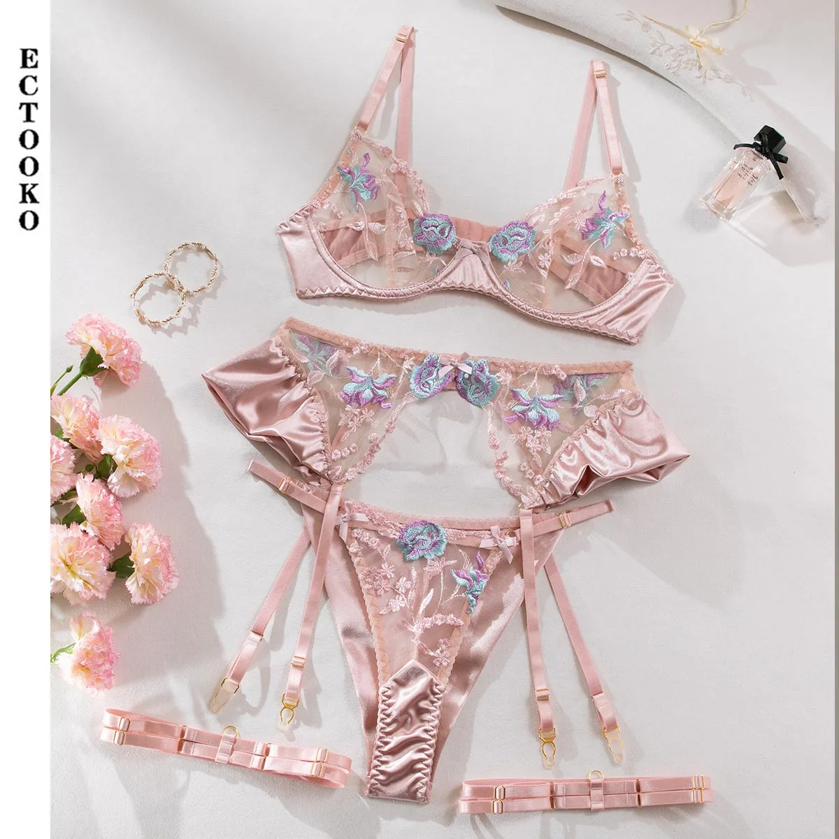 ECTOOKO Transparent Lace  Sexy Fantasy Underwear  Attractive Pushup Bra Outfits Ruffle Erotic Lingerie Floral Intimate Set