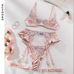 ECTOOKO Transparent Lace  Sexy Fantasy Underwear  Attractive Pushup Bra Outfits Ruffle Erotic Lingerie Floral Intimate Set