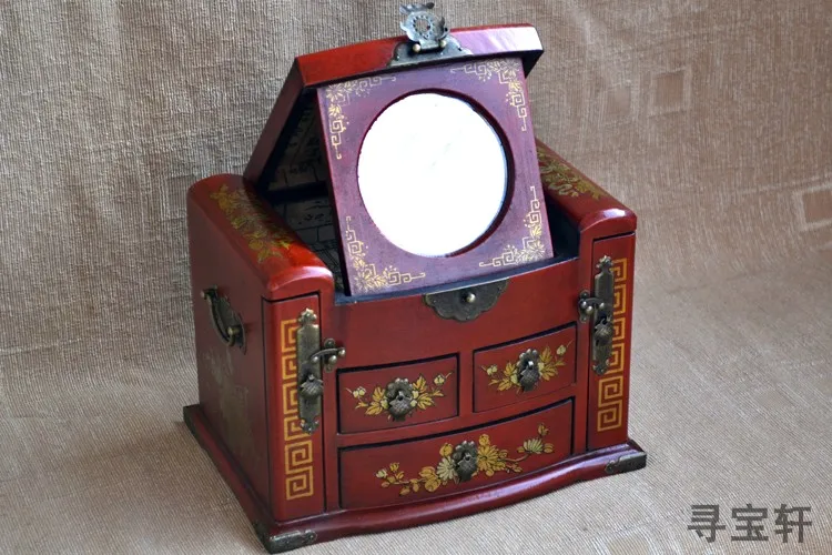 HOT SALE ## 2020 Christmas Unique gift GOOD present retro antique vintage Red wood Jewel Jewelry Box cosmetic mirror box