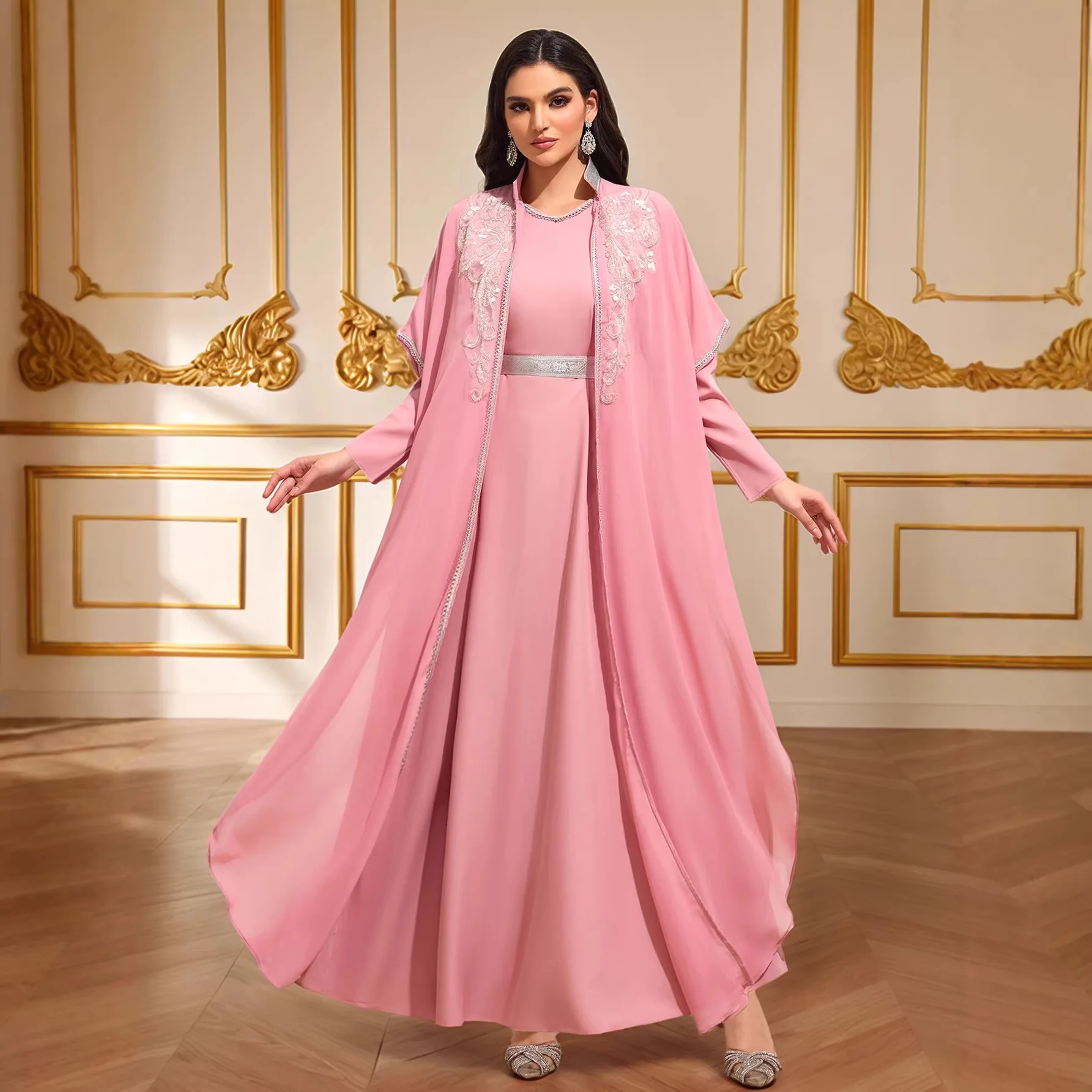 

Eid Dress 2 Piece Set Women Muslim Open Abaya Party Dresses Cardigan Robe Suit Sequins Ramadan Dubai Kaftan Vestidos Jalabiya