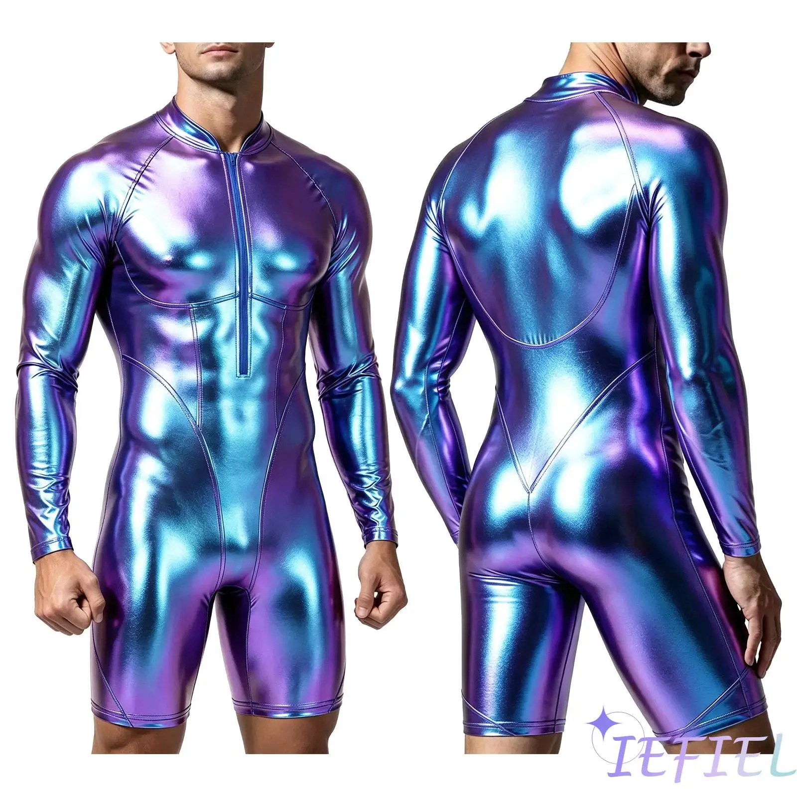 Men Disco Jazz Dance Performing Bodysuit Metallic Shiny Mock Neck Long Sleeve Short Bottoms One Piece Jumpsuit Clubwear Swimwear