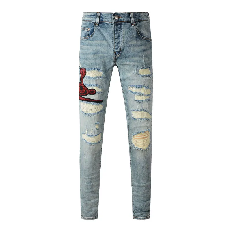 

Street Fashion Men Jeans Retro Light Blue Stretch Skinny Fit Ripped Jeans Men Embroidery Patched Designer Hip Hop Brand Pants