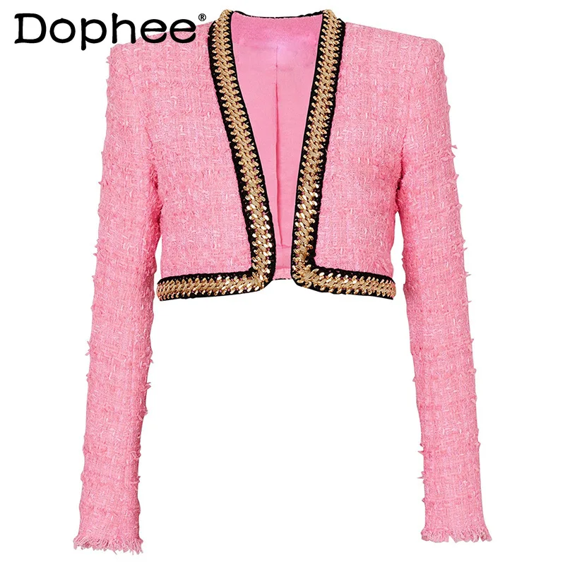 

Elegant Pink Long Sleeve Tweed Jacket 2024 Autumn Winter New Fashion Heavy Industry Chain Decoration Short Tweed Coat Women