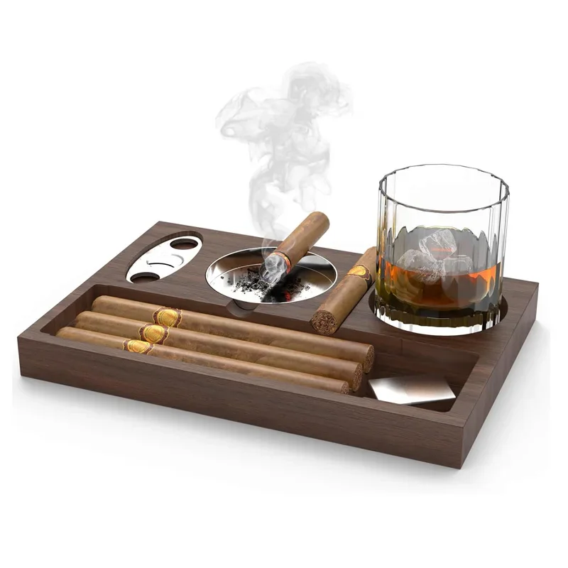 New Cigar Ashtray with Cigar Cutter Accessories Whiskey Glass Tray Detachable Outdoor 7 Slots Cigar Holder Gift for Men