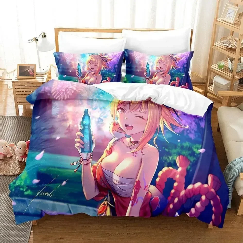 

2024 Game Yoimiya Genshin Impact Bedding Set Cartoon Anime three-piece set Adult Kid Bedroom Duvet cover Sets 3D Kawaii Girls