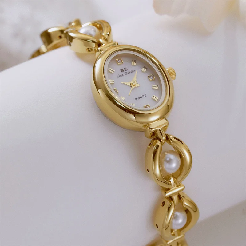 Elegant Classic Women's Watches High End Temperament Exquisite Gold Pearl Bracelet White Oval Dial Quartz Wristwatch Clock Gift