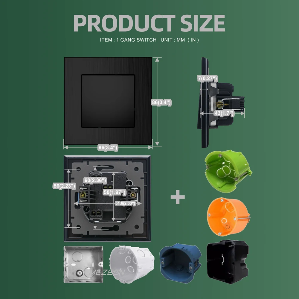 EU standard switch socket 86*86mm black gold grey one open single control dual control switch aluminum brushed panel with ce