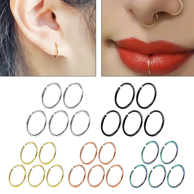 5pcsThickness Fake Nose Ring Septum Helix Nostril Piercing Labret Lip Fake Piercing Titanium Cartilage Fake Earrings Hoop