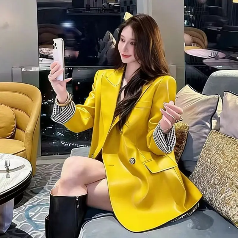 Women's Angola Red Retro PU Blazer 2026 Spring And Autumn New Loose Hong Kong Wind Locomotive Leather Jacket Top Yellow Jacket