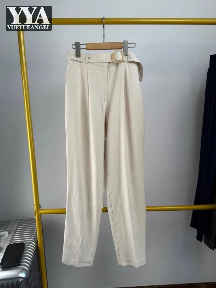 

Spring Summer Women Linen Pants Breathable Comfortable High Waist Sashes Office Ladies Elegant Straight Trousers Casual Pants