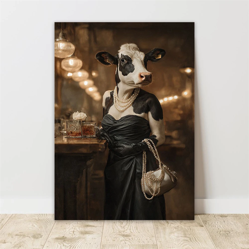 Elegant Sheep Lady Cow Lady Poster Flower Art Colorful Animal Cow Print Poster Modern Pink Cat with Headphone Canvas Painting