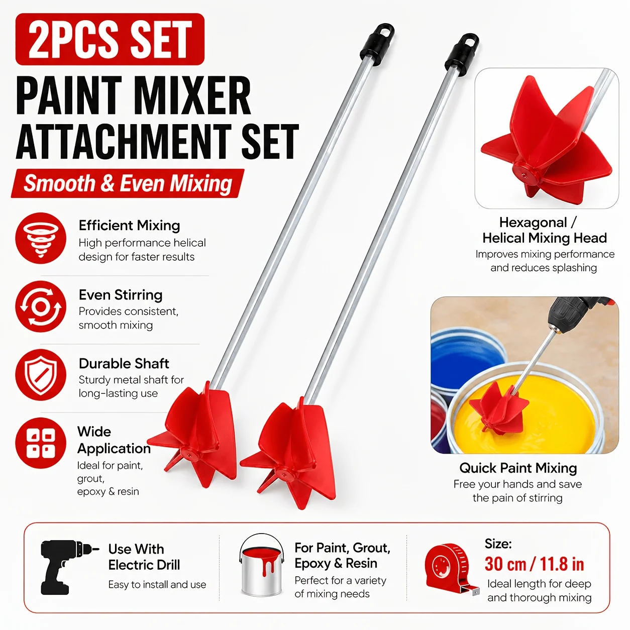 2Pcs Helical Paint Mixing Paddle Drill Attachment Stirrer Mixing Attachmentfor Paint Epoxy Resin Grout Smooth Even Mixing Tool