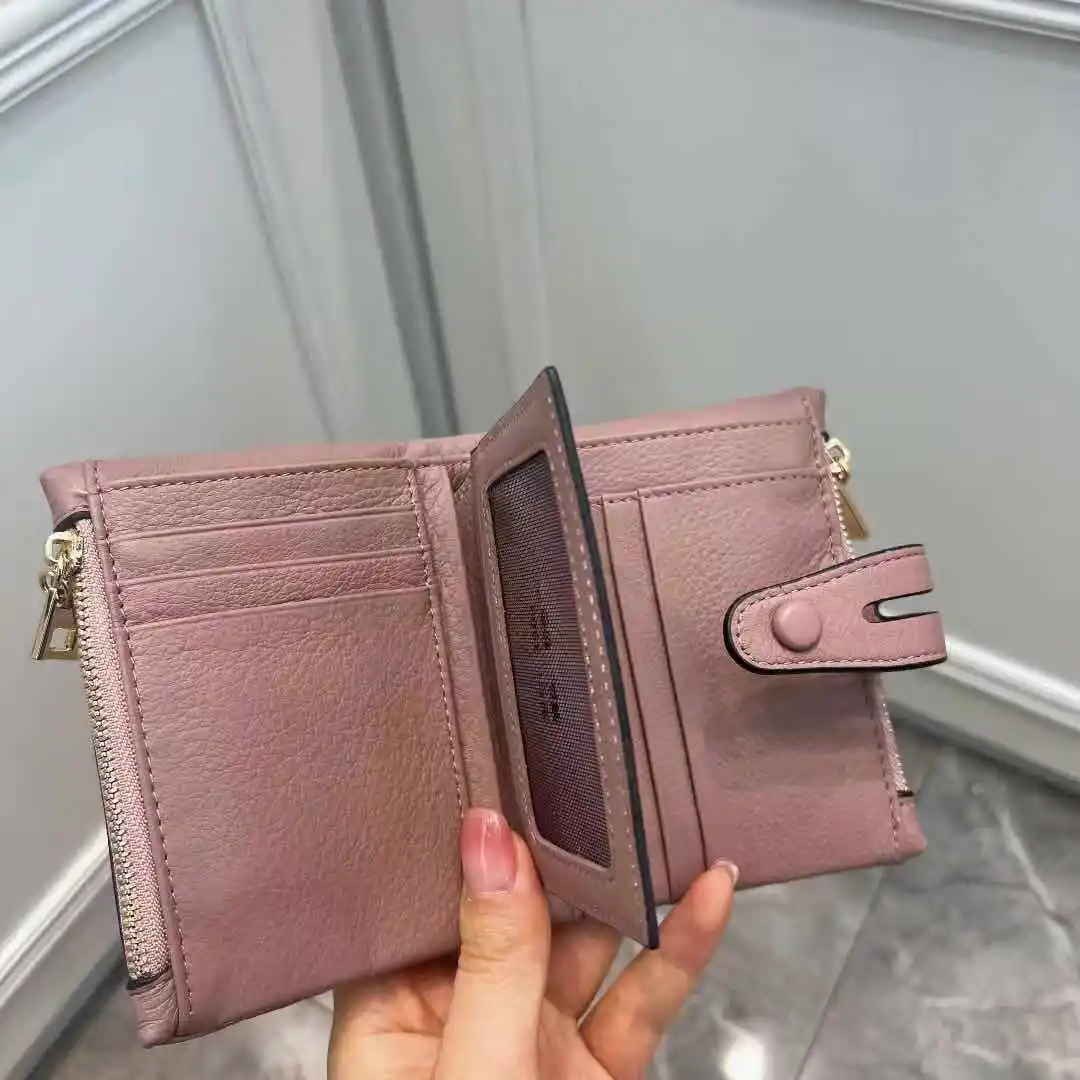 Cartera corta de cuero de vaca genuino para mujer, monedero informal suave con botón a presión, bolsillo con doble cremallera, tarjetero