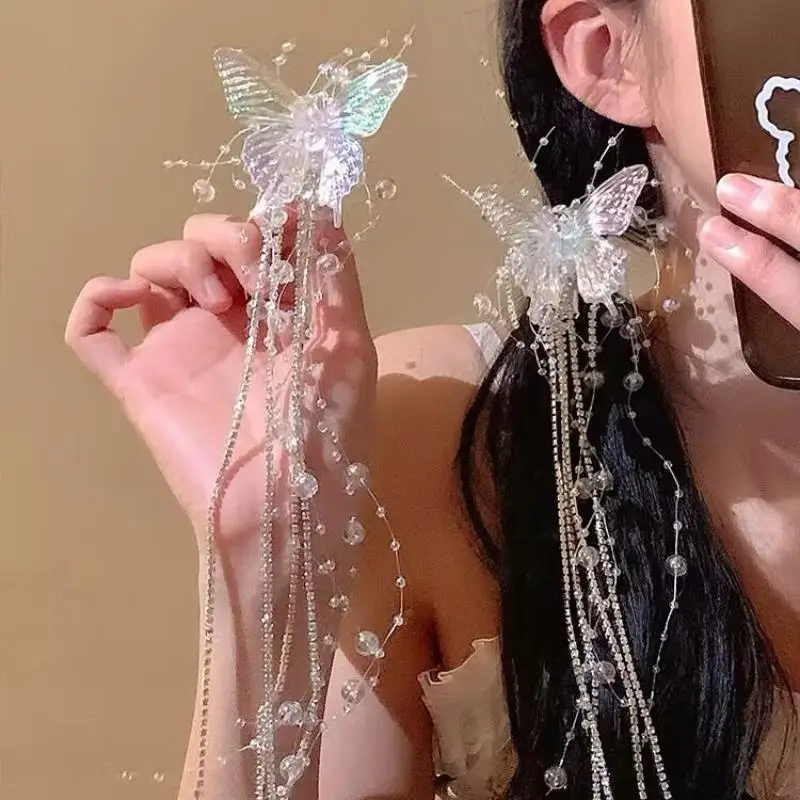 Lange Haarspange mit Schmetterlingsperlen und Quasten für Damen, Feenhaftes, süßes Prinzessinnen-Haarschmuckstück, modische Haaraccessoires. – Detail 2