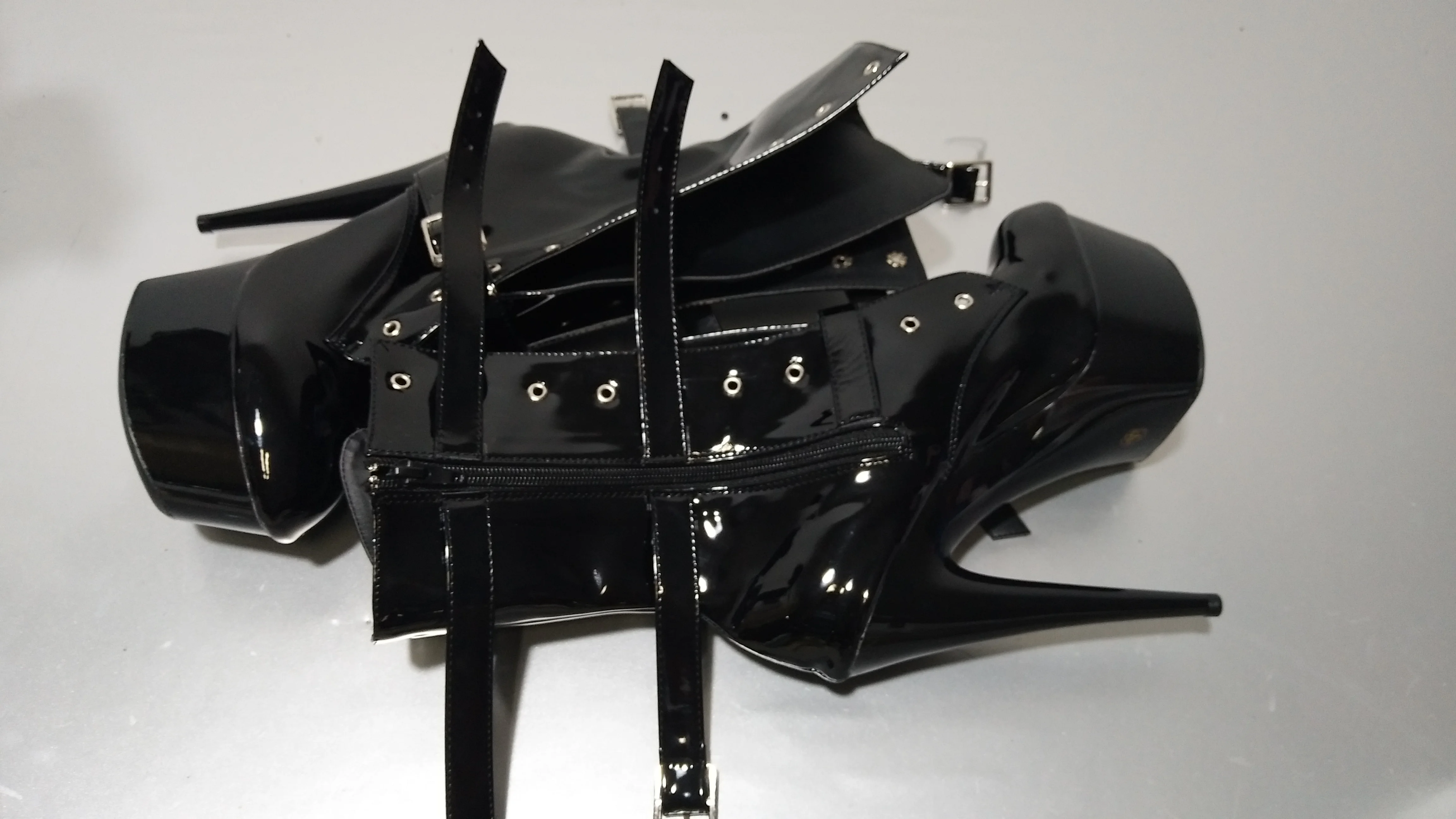 Sexy black PU leather buckle heel boots for fashionable women, 15cm pole dance practice ankle boots