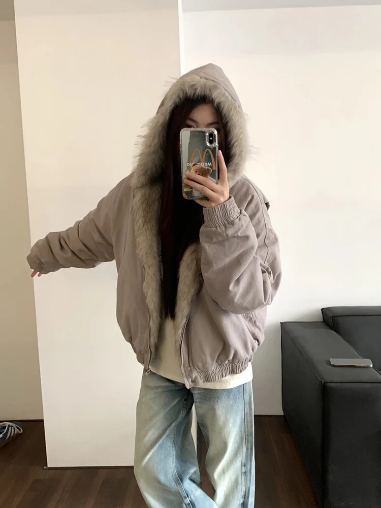 

Ретро-куртка в американском стиле для женщин: утепленное хлопковое пальто с меховым воротником и капюшоном для зимы