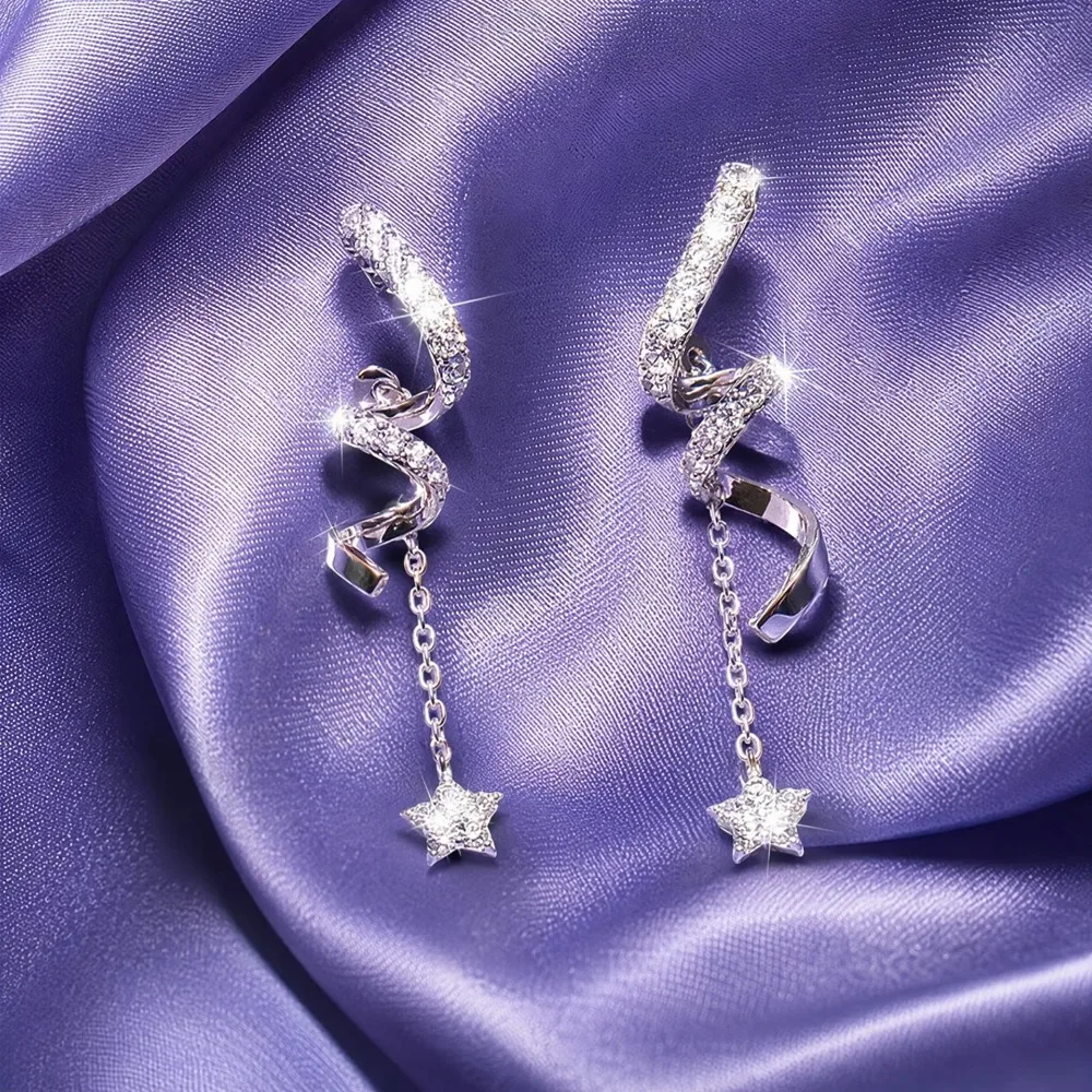 Shiny Dream‑Like Tassel Star Charms Paved Zircon Spiral Dangle Earrings for Women Valentine's Day Confession Dating Jewelry Gift