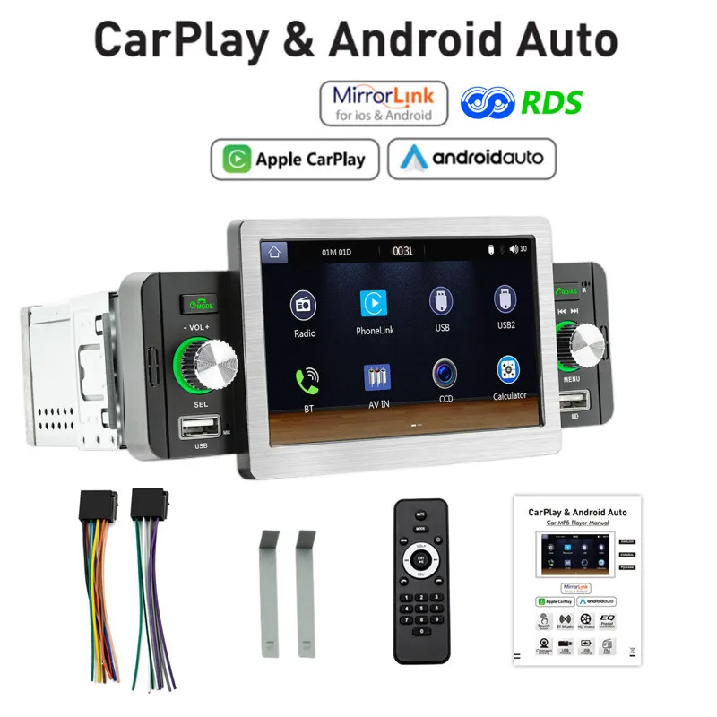 

Universal 1 Din Car Radio Wireless/wired CarPlay Android-Auto HD Touch screen MP5 Player Bluetooth HandsFree USB FM car radio