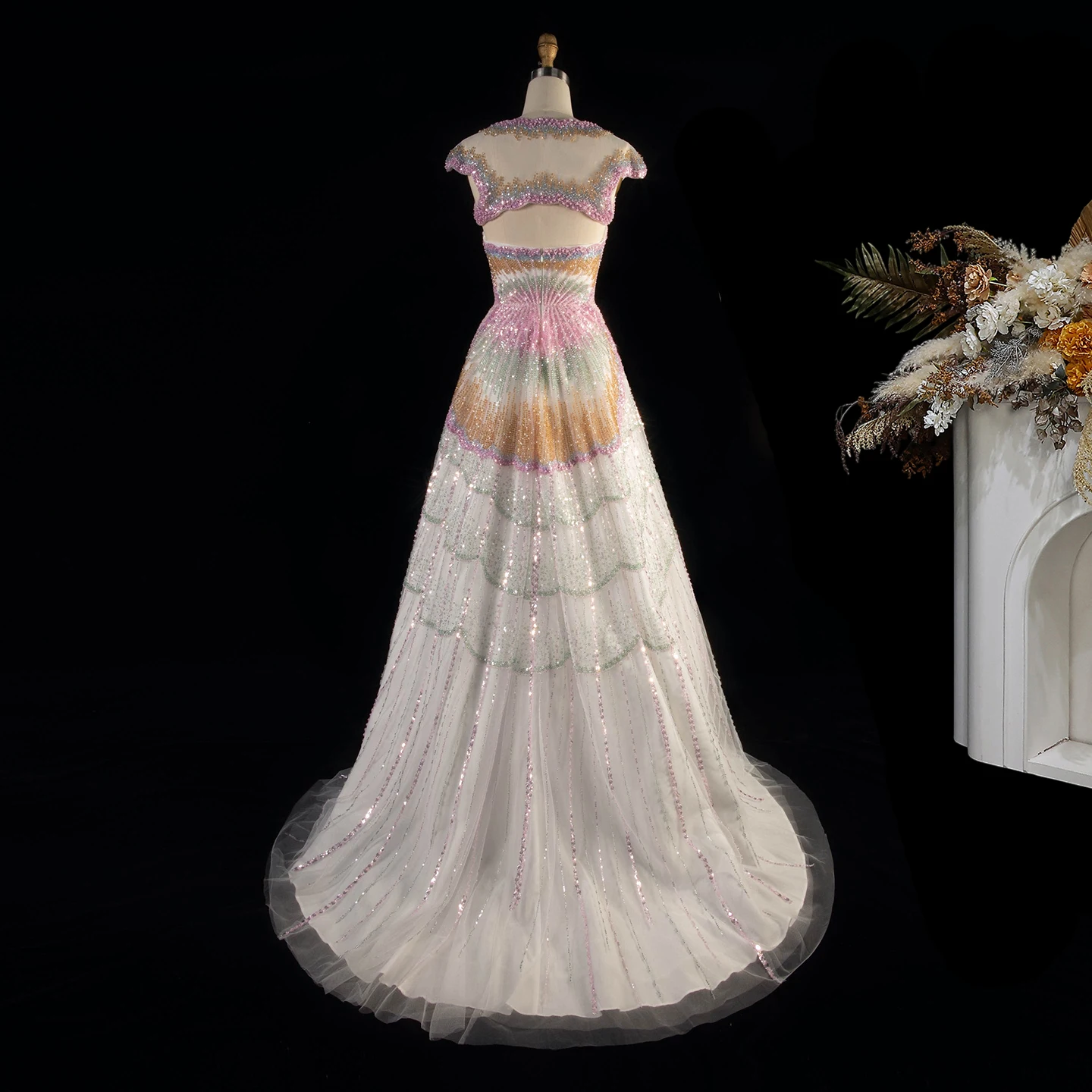 Sharon Said Luxuriöses Arabisches Damen-Abendkleid, Zweiteiliges, Perlenbesetztes, Langes Ballkleid mit Cape-Ärmeln, SS296, Maßanfertigung – Detail 9