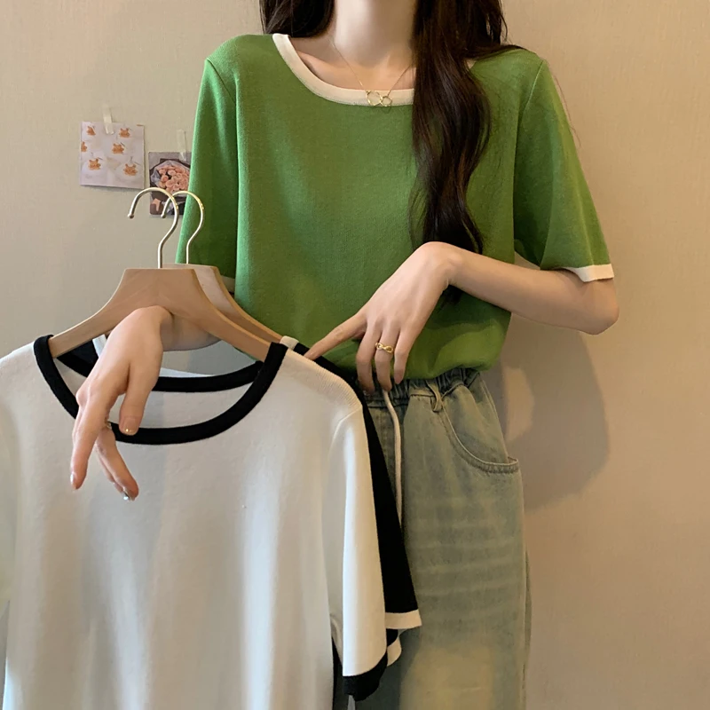 4XL Large size women fashion thin kintting sweater pullover 2023 Summer short sleeve o neck Stripe Oversized sweaters jumper