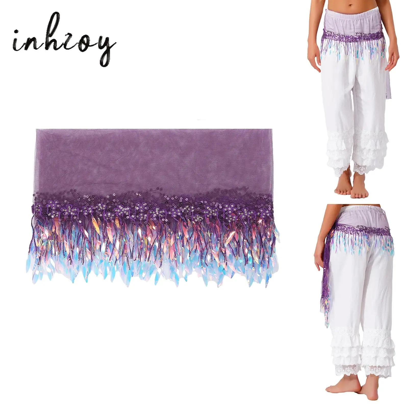 

Womens Belly Dance Hip Scarf Embroidered Trim Sheer Mesh with Willow Leaf Shaped Sequin Tassel Lace-up Waist Chain Skirt Costume