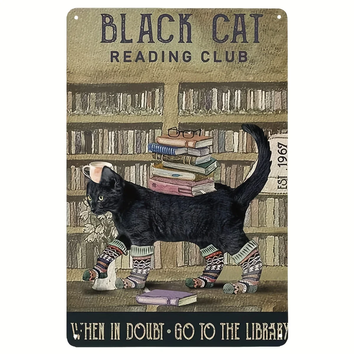 Black Cat Reading Club When in Doubt Go To The Library Metal Sign Vintage Black Cat Tea and Book Lover By Books Retro Wall Decor