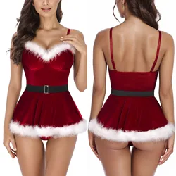 Two Piece Christmas Bodysuit Lingerie Women Cosplay Santa Claus Costume Underwear Theme Party Clubwear Trim Velvet Dress Belt