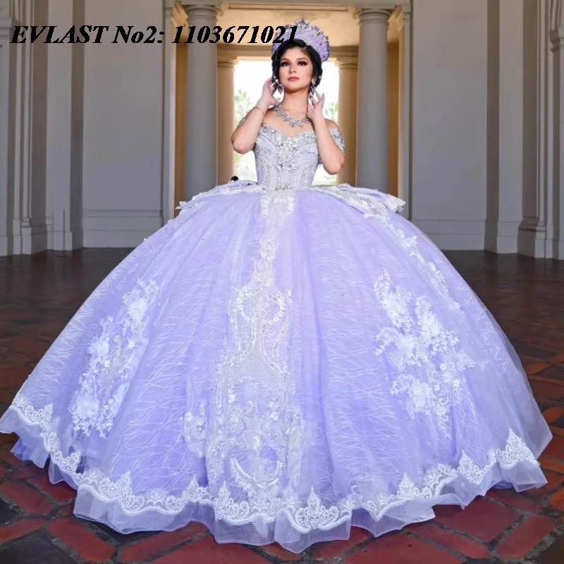 

EVLAST Customized Princess Lavender Quinceanera Dress Ball Gown Lace Applique Beading Bow Sweet 16 Vestidos De 15 Anos E2Q21