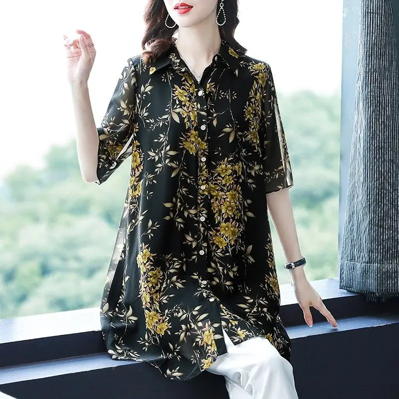 Korean Fashion Summer New Women\'s Polo-Neck Printing Single Breasted Temperament Loose Short Sleeve Mid-length Chiffon Shirt Top