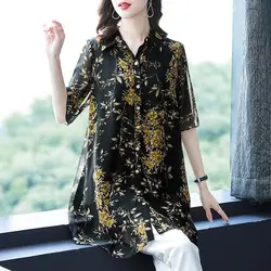 Korean Fashion Summer New Women's Polo-Neck Printing Single Breasted Temperament Loose Short Sleeve Mid-length Chiffon Shirt Top