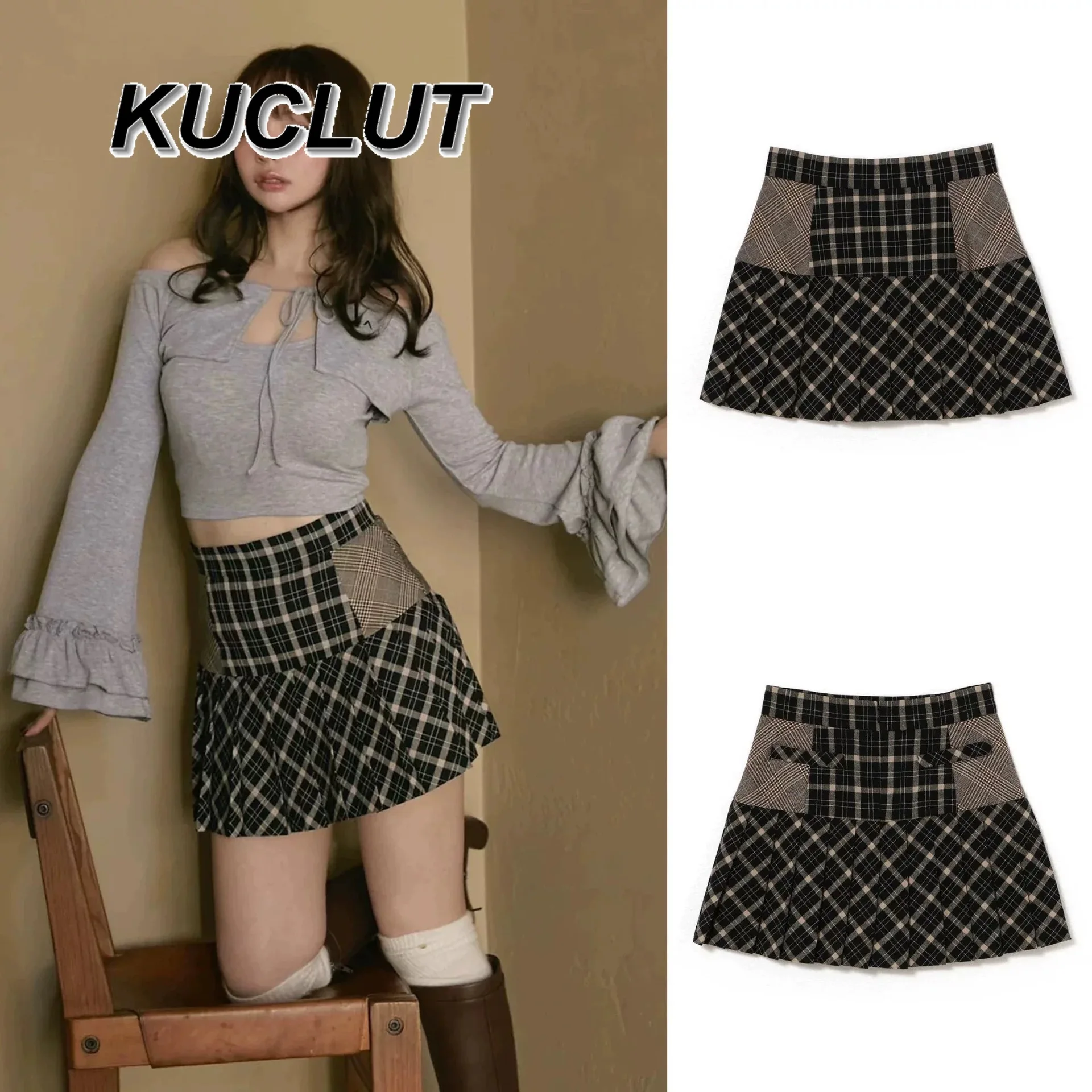 

Универсальная клетчатая лоскутная юбка трапециевидной формы с высокой талией в японском стиле для девочек, модные милые и милые плиссированные короткие юбки для женщин