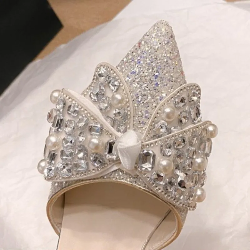 Womens Glitter Rhinestone Bow Ankle Strap Pumps Thin High Heels Wedding Bridal Sandals Party Crystal Sparkly Evening Dress Shoes view 6