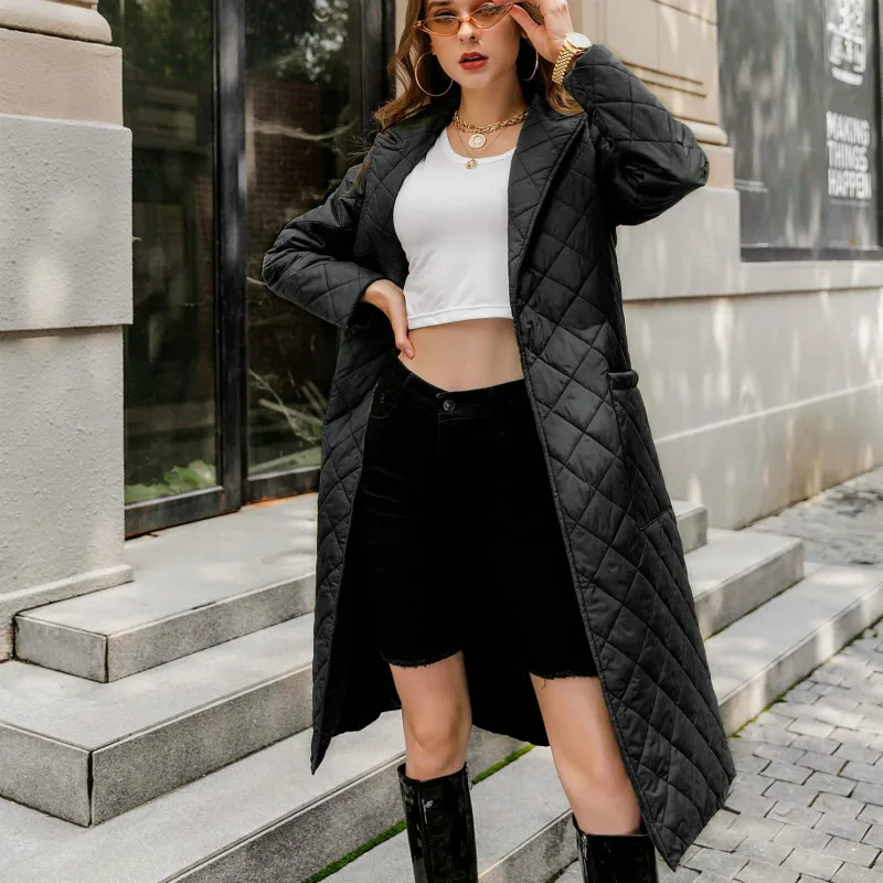 Women\'s cotton coat long knee winter coat with green checkered cotton jacket new winter coat fashion coat outdoor warm windproof