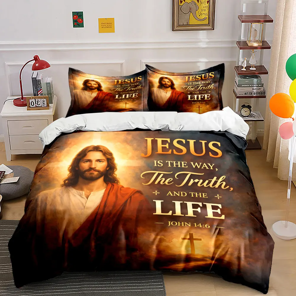 Jesus is the Way, Truth, Life Print Bedding Set 1 Duvet Cover 2 Pillowcases for Adult and Children Luxury Gift Full Size