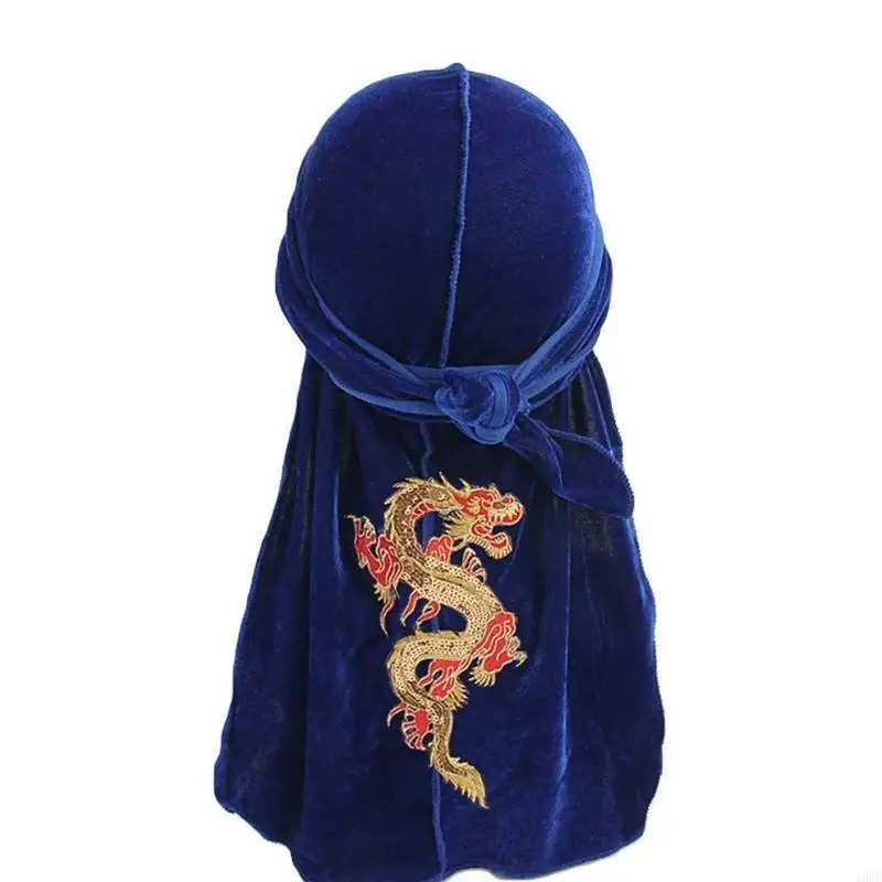 قبعة قرصان مخملية ذهبية بنمط التنين الصيني من Durags مناسبة للارتداء اليومي