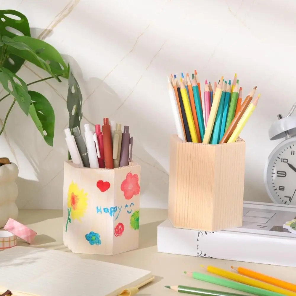 Portable Wooden Pen Holder DIY Painting Round/Hexagonal/Square Makeup Brush Holder Desktop Organizer School Office