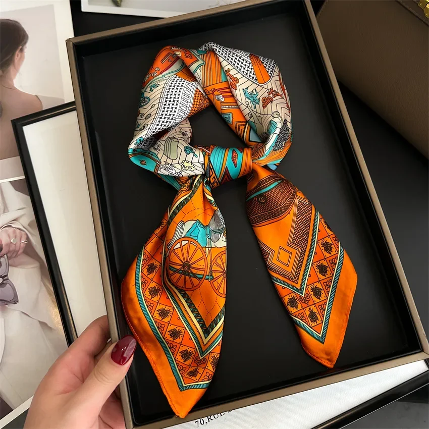 

Bohemian Print Small Square Scarf Luxury Simulated Silk Thin Neck Scarf Geometric Lines Sunscreen Headscarf For Women