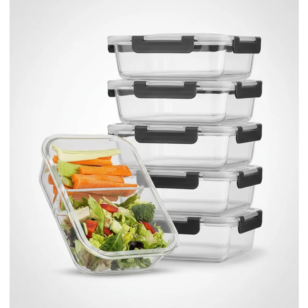 

5 упаковок разделенных стеклянных пищевых контейнеров с крышками, герметичная герметичная коробка для приготовления пищи для контроля порции похудения