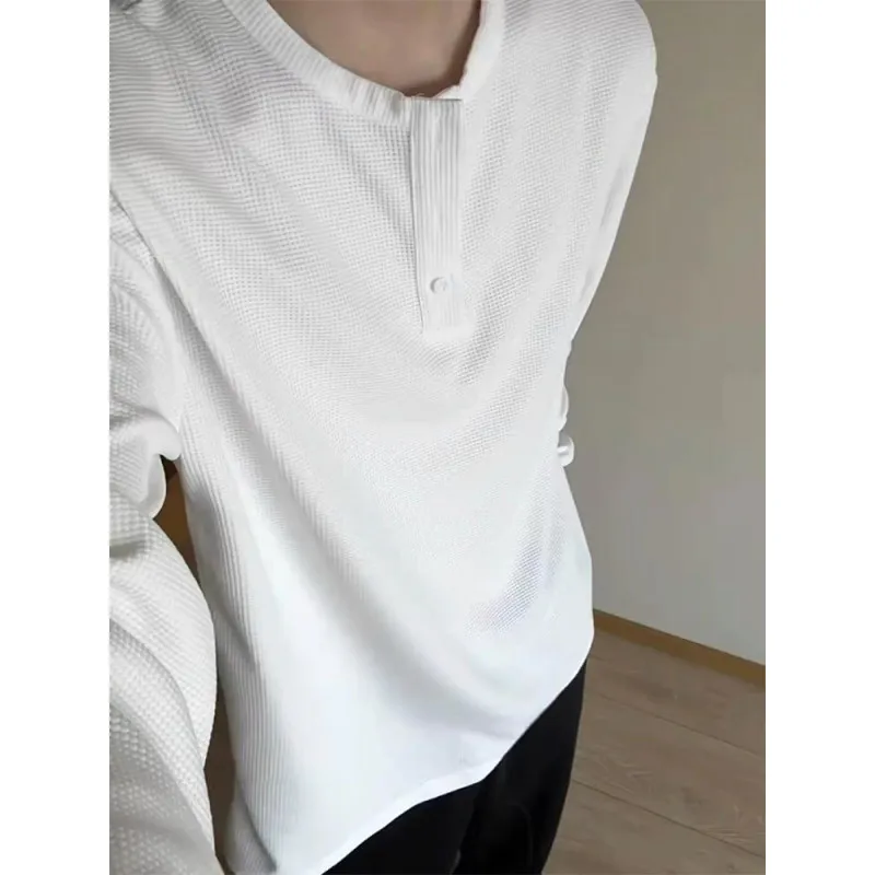 Spring Autumn Men's Waffle Long Sleeve Henry's Collar Casual Undershirts American Vintage Washed Loose Shirts Male Men's Tops