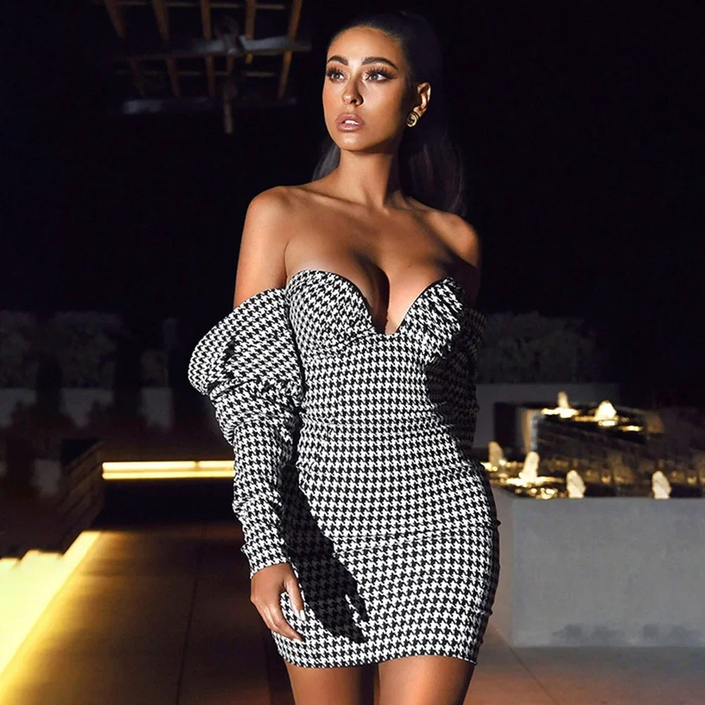 

2024 New Women's Houndstooth Word Shoulder Wrap Dress Skirt Tight High Waist Bag Hip Dress Sexy Street Party Spring Autumn