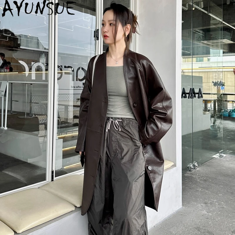 AYUNSUE Real Leather Jacket Women 2025 Genuine Sheepskin Mid-length Trench Coat Autumn Woman Clothes Semi Vegetable Tanning