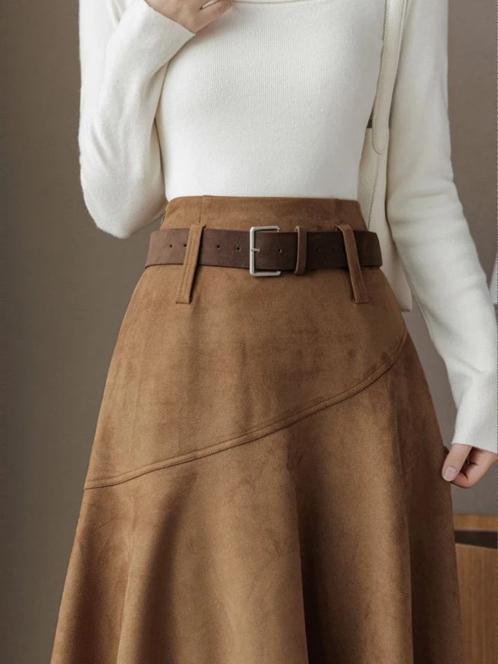 Autumn Winter Coffee Irregular Knee Length Suede Skirt American