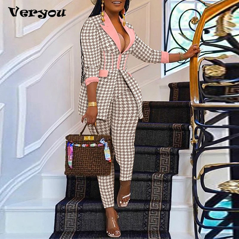 Women Pants Suit Houndstooth Print Hidden Breasted Blazers Tops Pencil Pants Two 2 Piece Sets Office Lady Fashion Outfits Autumn