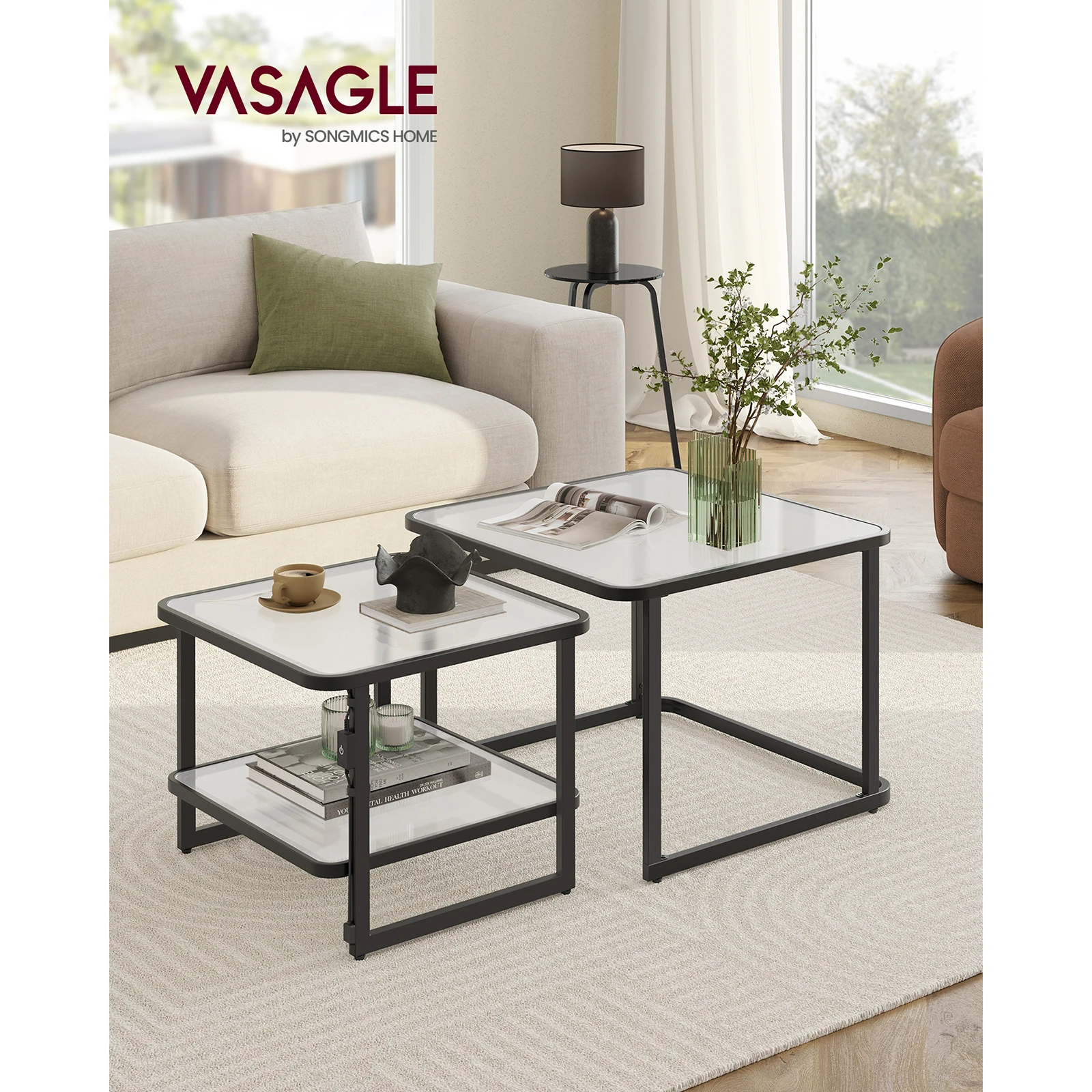 VASAGLE Set of 2 Nesting Coffee Tables with LED Lights, Modern Square Side Tables, Frosted Glass, White/Black Shelf