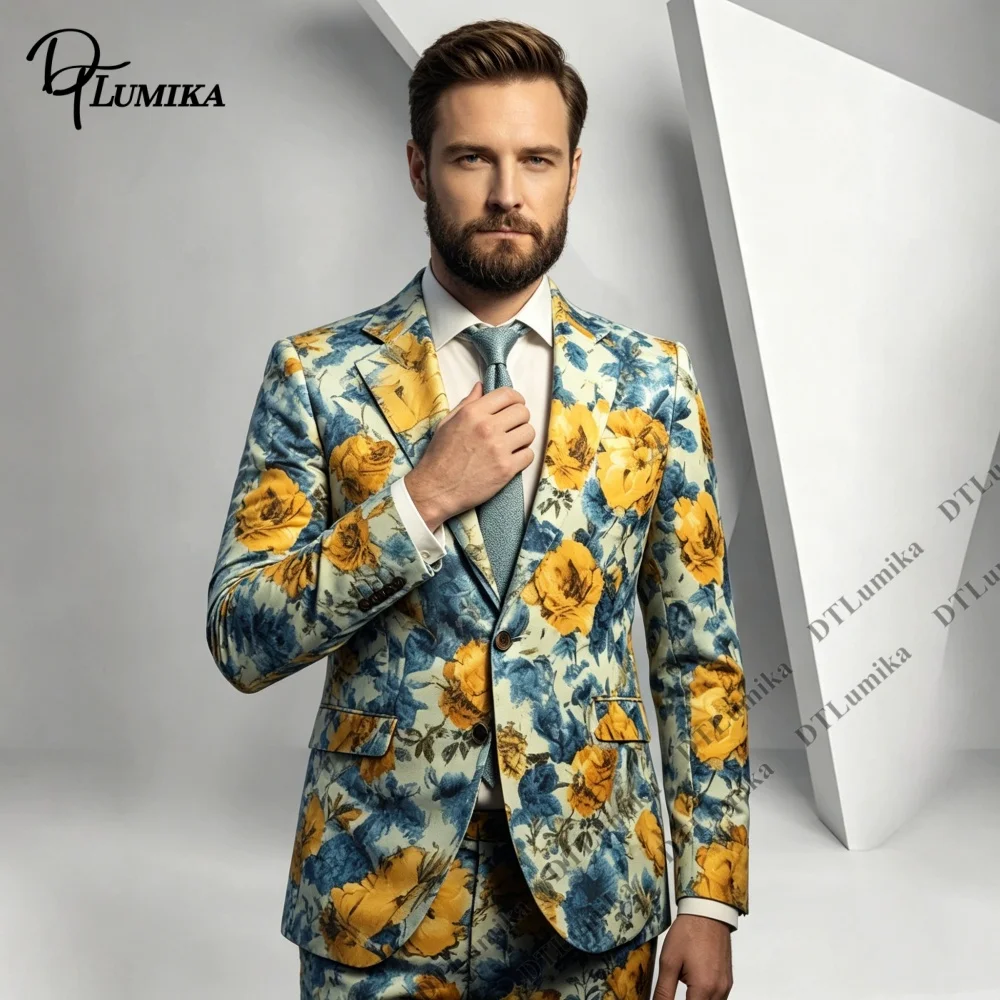 Full Print Men 2 Piece Suit Blazer Matching Straight Trousers Set For Outdoor Photoshoot Stage Performance Prom Wedding Suits